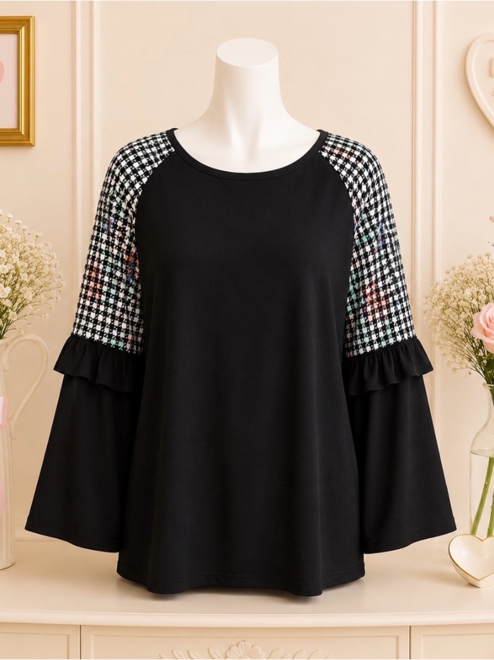 NWT Boutique Black Long Sleeve Top With Pleated Floral Design Bell Sleeves